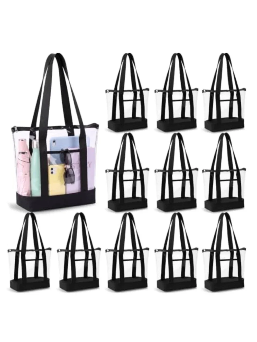 12 Pack Clear PVC Tote Bags with Zipper, Stadium Approved, Travel Organizer